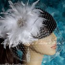 Ivory LARGE CRYSTAL Brooch Fascinator & Bird Cage Veil Headpiece Bridal  21-ft7