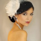 White LARGE CRYSTAL Brooch Fascinator & Petite Rhinestone Birdcage Veil 27-f7