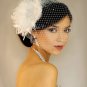 White LARGE CRYSTAL Brooch Fascinator & Petite Rhinestone Birdcage Veil 27-f7