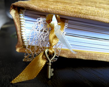Hand Bound Gold Journal with Ribbon Bookmarks and Key Charm