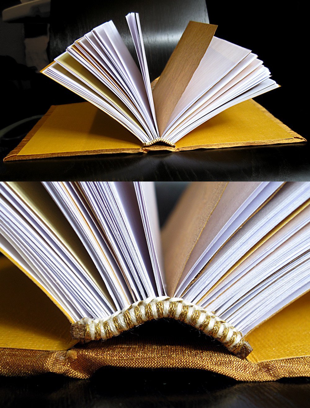 Hand Bound Gold Journal with Ribbon Bookmarks and Key Charm