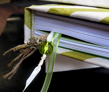 Hand Bound Journal with Ivory and Green Chevron Cover, Twine/Ribbon Bookmarks, &Gold Key Charm