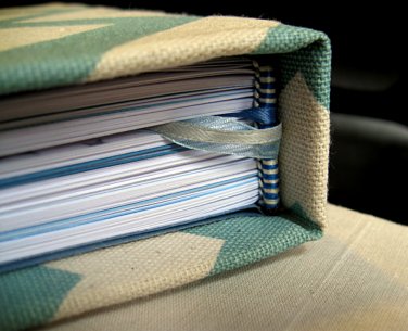 Hand Bound Blue & Ivory Chevron Journal with Heart Crystal Charm on Ribbon Bookmark