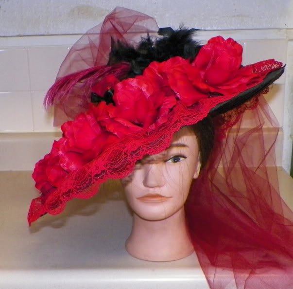 New Edwardian Titanic Tea Wide Brim Ladies Hat 1900s Style Red Black Birds