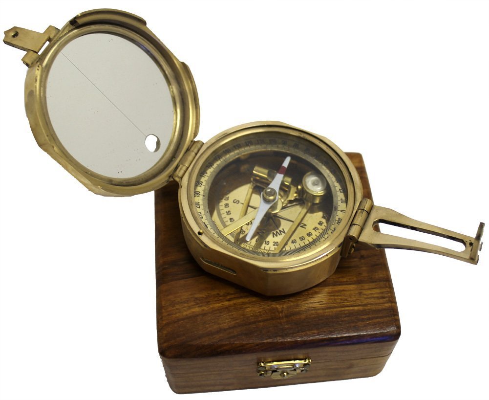 3" SOLID BRASS COMPASS W/ WOOD BOX.