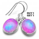 Buy 1 Get 1 - 1 1/8" 100% Natural Pink Rainbow Moonstone 925 Sterling Silver Hook Earring
