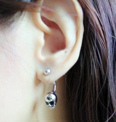 Pair 3D Dangle SKULL Stud Fake Gauge Earrings - Cool Rock Punk Metal Korean Style