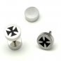 Pair Surgical Stainless Steel Black Enamel Maltese Cross Barbell Fake Ear Plug Mens