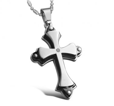 Two-Tone (Black & Silver) 316L Titanium Stainless Steel Cross Pendant Necklace Mens