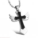 316L Titanium Stainless Steel Angel Wings Black Cross Pendant Necklace