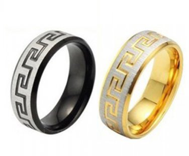 Mens 2-Tones Silver/Gold or Silver/Back Ancient Greek Design Ring Band
