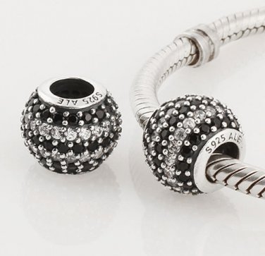 925 Sterling Silver Black Nautical Pave Stripe Charm - fits European Beads Bracelets