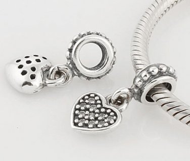 Sterling Silver Love Heart Clear Pave Pendant Charm - fits European Beads Bracelets