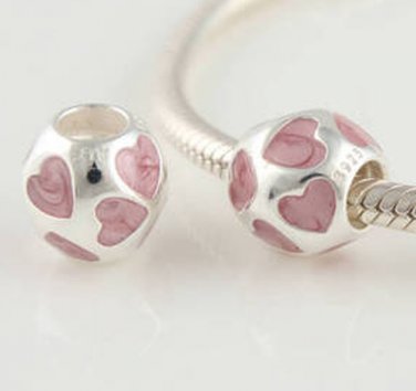 925 Sterling Silver Pink Hearts Charm - fits European Beads Bracelets