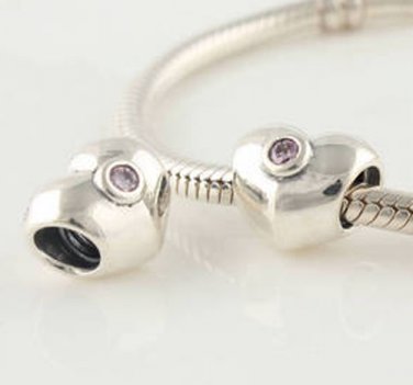 925 Sterling Silver Pink Sparkling Heart Charm - fits European Beads Bracelets