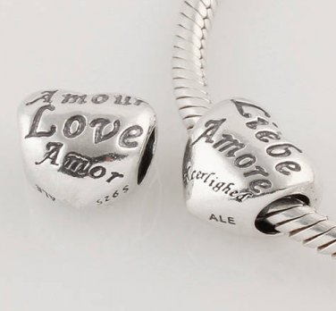 925 Sterling Silver Engraved Heart Love Charm - fits European Beads Bracelets