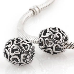 925 Sterling Silver Openwork Heart Charm - fits European Beads Bracelets