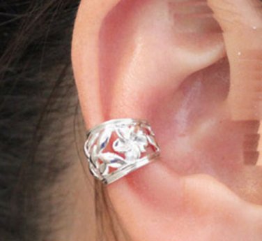 925 Sterling Silver Hollow Flower Design Cartilage Ear Cuff Wrap Clip On Earring