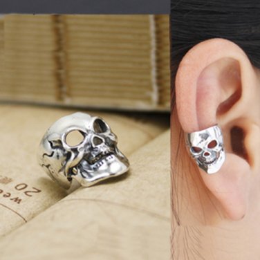 925 Sterling Silver Scary Skull Bone Face Cartilage Ear Cuff Wrap Clip On Earring