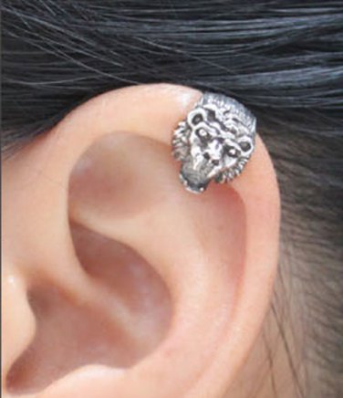 925 Sterling Silver Gorgeous Lion Head Cartilage Ear Cuff Wrap Clip On Earring