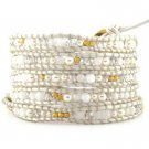 Pearls/White Agate/Clear Crystal/Gold Nuggets - 5 Wrap White Leather Bohemain Boho Bracelet