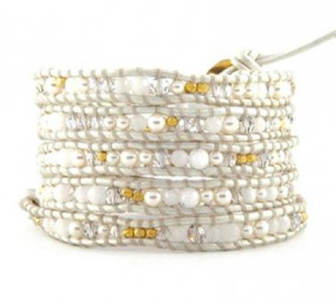 Pearls/White Agate/Clear Crystal/Gold Nuggets - 5 Wrap White Leather Bohemain Boho Bracelet