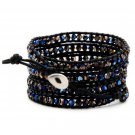 Metallic Blue Crystal - 5 Wrap Black Leather Handmade Beaded Bracelet