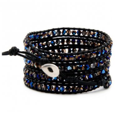 Metallic Blue Crystal - 5 Wrap Black Leather Handmade Beaded Bracelet
