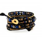 Fancy Jasper Stones/Gold Nuggets - 5 Wrap Black Leather Bohemain Boho Bracelet
