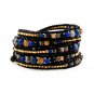 Fancy Jasper Stones/Gold Nuggets - 5 Wrap Black Leather Bohemain Boho Bracelet