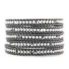 Pearls Beads/Clear Crystal - Chan Luu Inspired Bohemain 5 Wrap Grey Leather Boho Beaded Bracelet