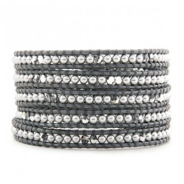 Pearls Beads/Clear Crystal - Chan Luu Inspired Bohemain 5 Wrap Grey Leather Boho Beaded Bracelet
