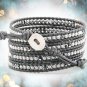 Pearls Beads/Clear Crystal - Chan Luu Inspired Bohemain 5 Wrap Grey Leather Boho Beaded Bracelet