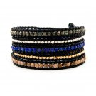 Mix Color Agate Stones/Silver & Gold Nuggets - 5 Wrap Black Leather Bohemain Boho Bracelet