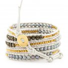 Mother of Pearls/Agate /Gold Nuggets - Bohemain 5 Wrap White Leather Boho Beaded Bracelet