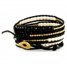 Mother of Pearls/Black Agate/Gold Nuggets - 5 Wrap Black Leather Bohemain Boho Bracelet