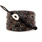 Multicolored Pyrites Stone & Agate - 5 Wrap Dark Brown Leather Bohemain Boho Bracelet