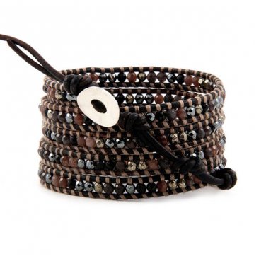 Multicolored Pyrites Stone & Agate - 5 Wrap Dark Brown Leather Bohemain Boho Bracelet