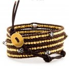 Gold Nuggets/Silver Skulls - 5 Wrap Dark Brown Leather Bohemain Boho Bracelet