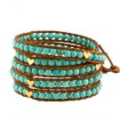 Turquoise Beads/Gold Hearts - 5 Wrap Brown Leather Bohemain Boho Bracelet