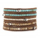 Turquoise Beads/Silver Nuggets/Landscape Stones - 5 Wrap Brown Leather Bohemain Boho Bracelet
