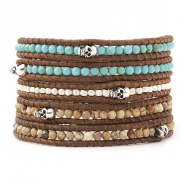 Turquoise Beads/Silver Nuggets/Landscape Stones - 5 Wrap Brown Leather Bohemain Boho Bracelet