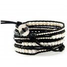 Mother of Pearl/Silver Nuggets/Black Agate - 5 Wrap Black Leather Bohemain Boho Bracelet
