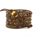 Champagne Topaz Faceted Crystal Beads Stone - 5 Wrap Dark Brown Leather Bohemain Boho Bracelet