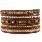 Landscape Stones/Agate/Silver & Gold Nuggets - 5 Wrap Brown Leather Bohemain Boho Bracelet