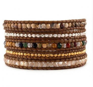 Landscape Stones/Agate/Silver & Gold Nuggets - 5 Wrap Brown Leather Bohemain Boho Bracelet