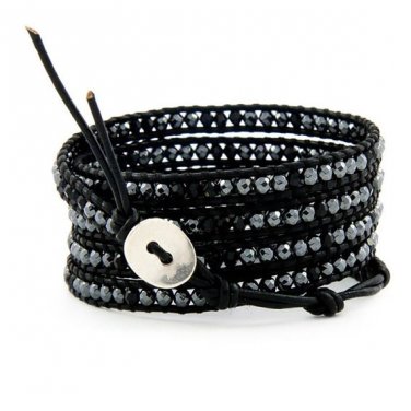 Black Onyx Hematite Beads - Chan Luu Inspired 5 Wrap Black Leather Bohemain Boho Bracelet