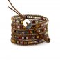 Fancy Jasper Beads with Silver Chain - 5 Wrap Brown Leather Bohemain Boho Bracelet