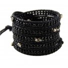 Black Agate/Silver Skull - Chan Luu Inspired 5 Wrap Black Leather Bohemain Boho Bracelet