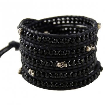 Black Agate/Silver Skull - Chan Luu Inspired 5 Wrap Black Leather Bohemain Boho Bracelet